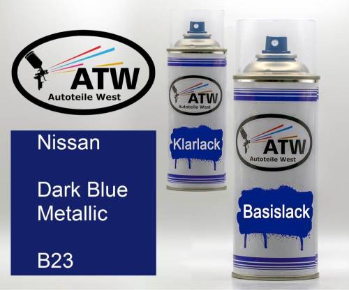 Nissan, Dark Blue Metallic, B23: 400ml Sprühdose + 400ml Klarlack - Set, von ATW Autoteile West.